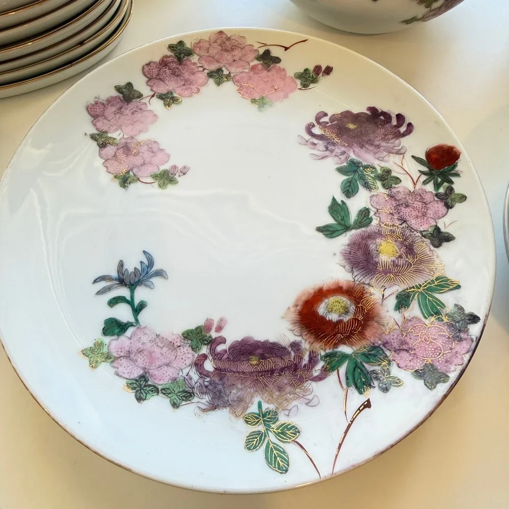Vintage Japanese Kutani Porcelain Tea Set Floral Chrysanthemum Gold Gilt